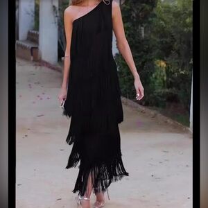 Black One-Shoulder Fringe Evening Dress